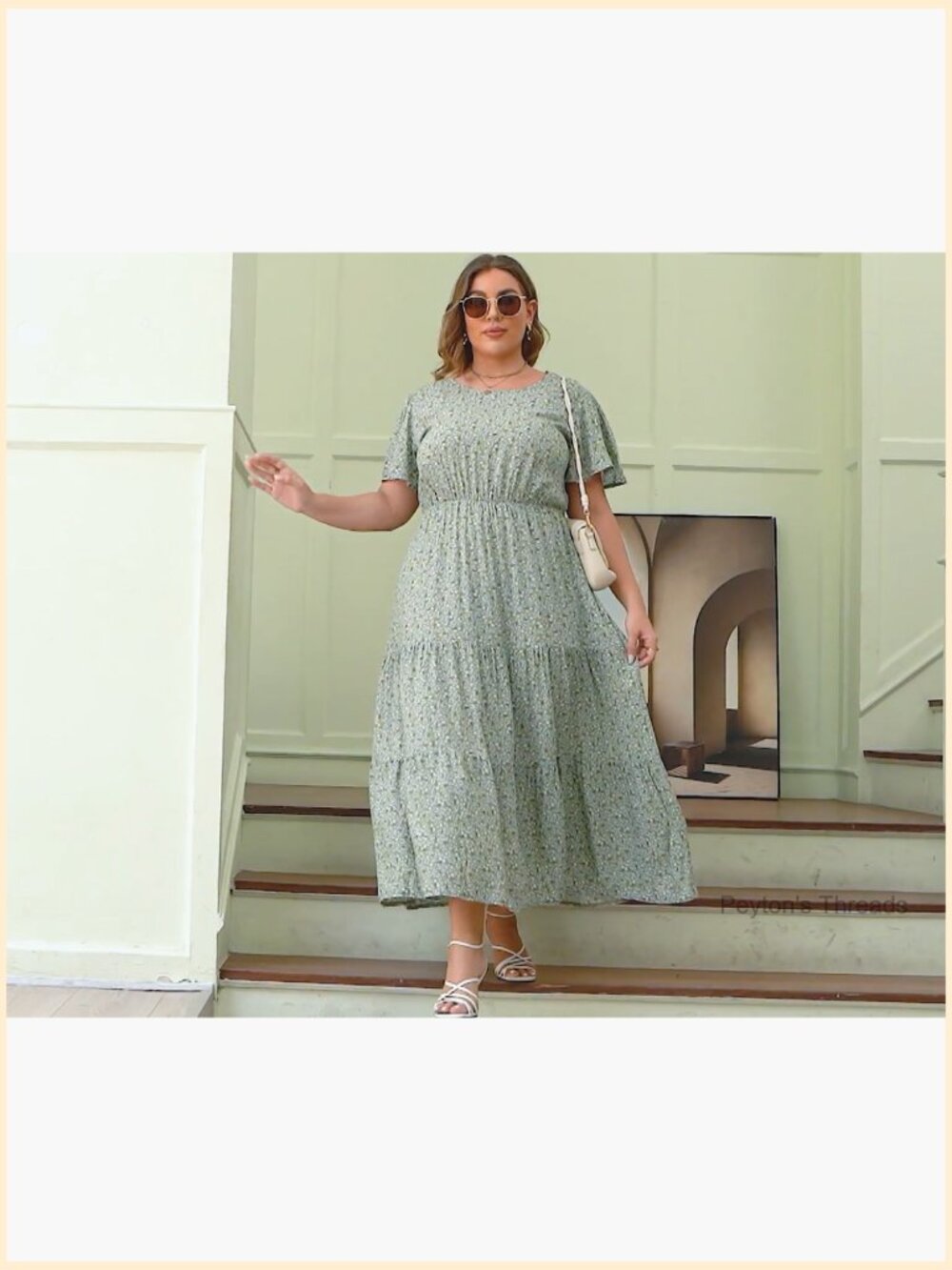 Plus Size Maxi Dress Ditsy Floral Print Boho Layered Flared with Pockets - Picture 7 of 7
